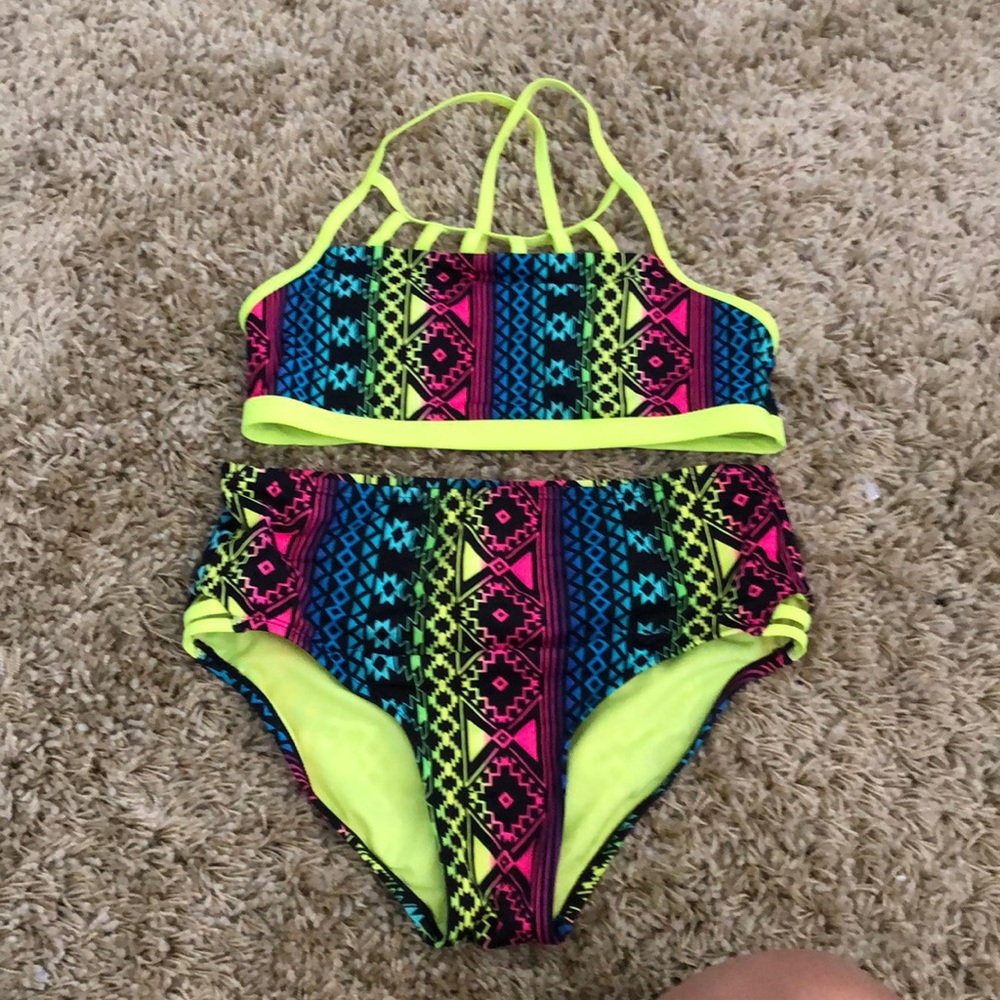 Justice bright colors high waisted high neck swimsuit